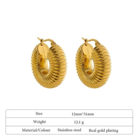 New 18K Gold Plated Round Textured Hoop Earrings - Picture 3 of 3